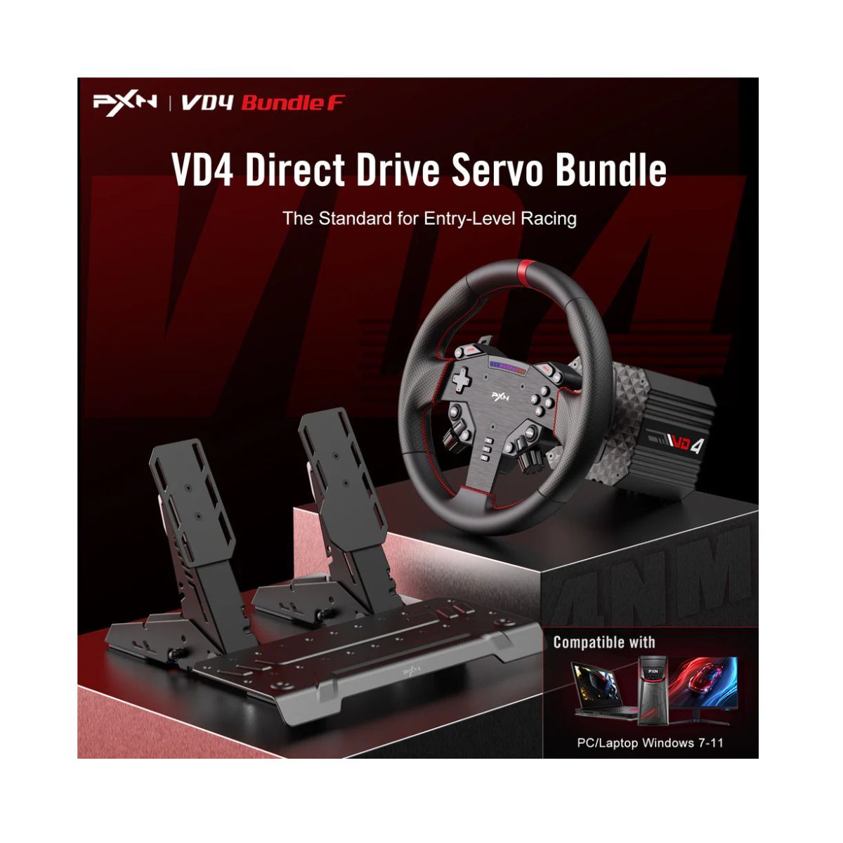 PXN VD4 Bundle F Direct Drive Racing Wheel with 4Nm Torque Pedals and LED RPM for PC Sim Racing