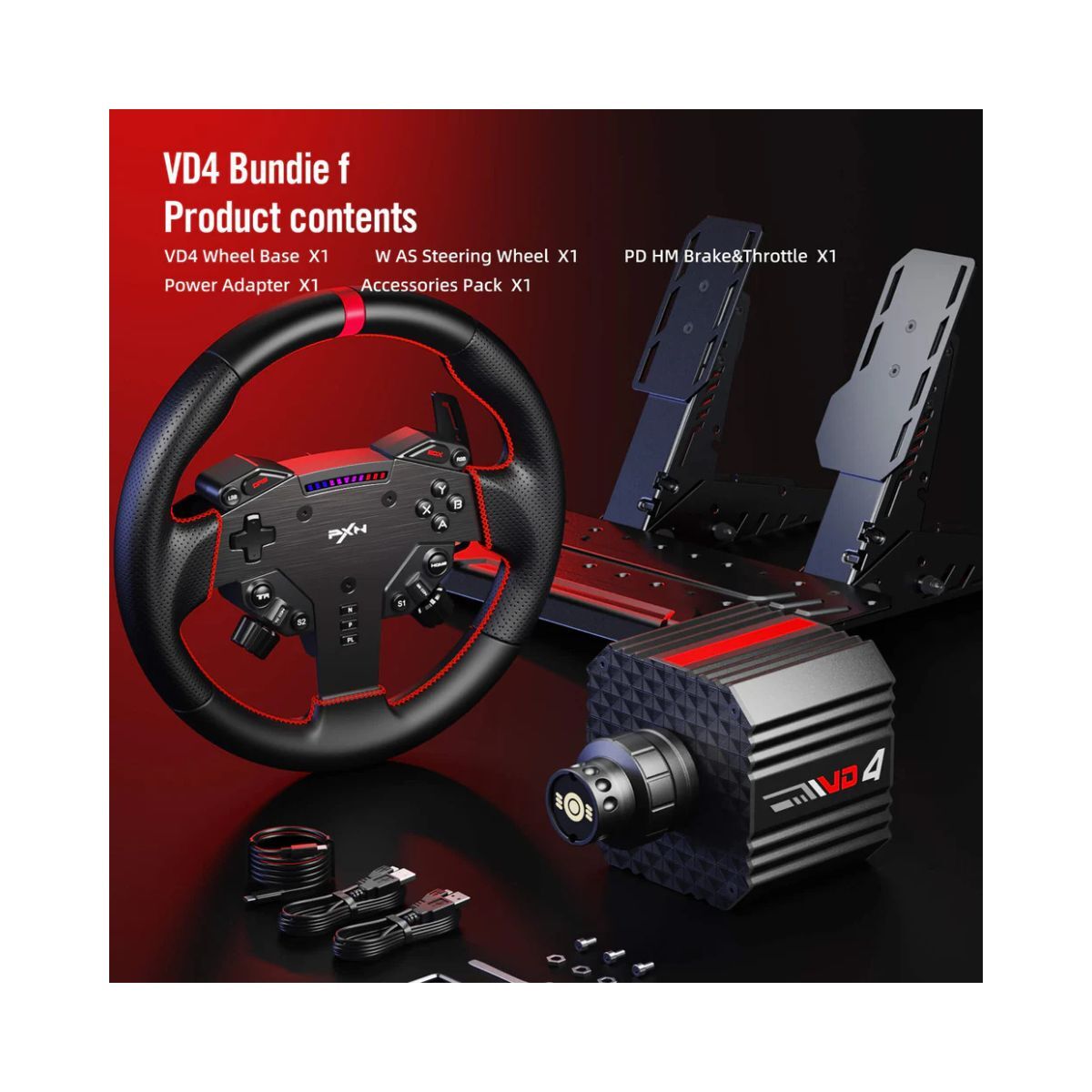 PXN VD4 Bundle F Direct Drive Racing Wheel with 4Nm Torque Pedals and LED RPM for PC Sim Racing