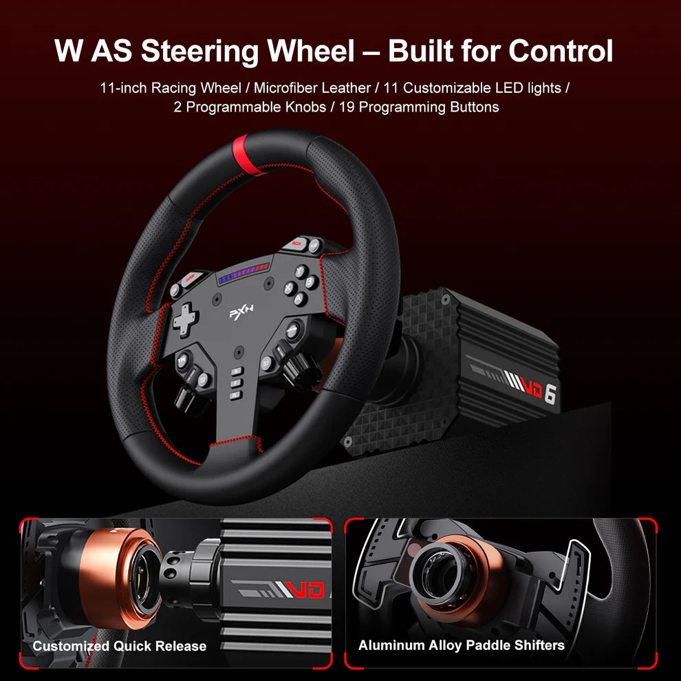 PXN VD6 Direct Drive Racing Wheel and W DS R2 Steering Module with Pedals Bundle for PC