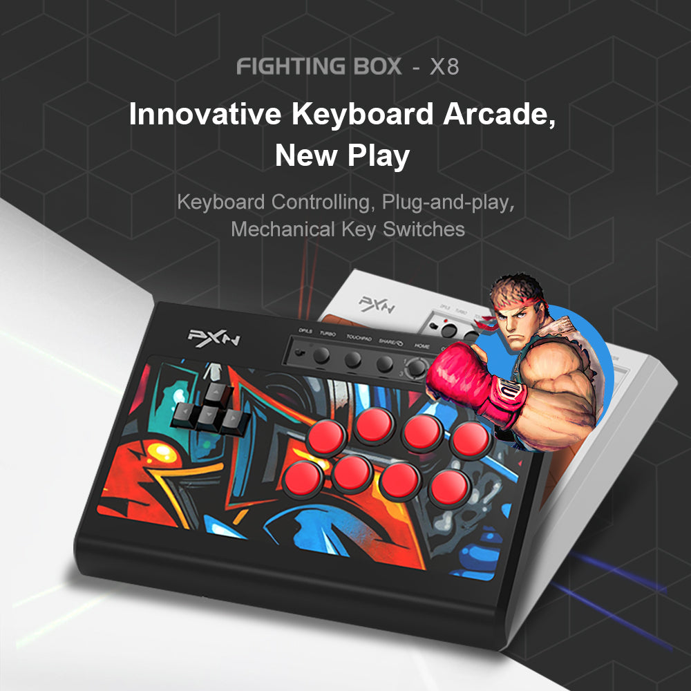 PXN-X8 Gaming Keyboard Controller - Black Arcade Fighting Box, USB Style for PC, Android, PS3, PS4, Xbox One/Series