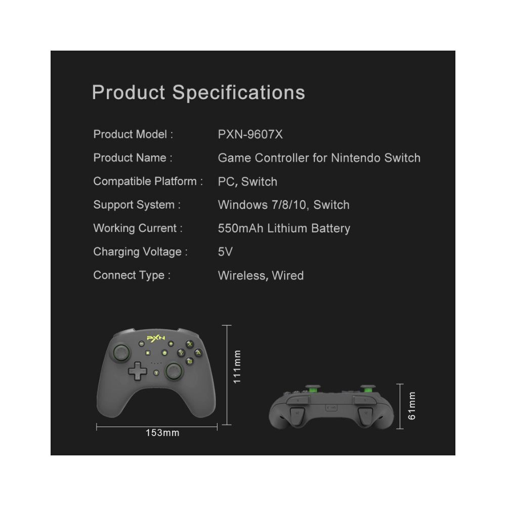 PXN-9607X Wireless Controller for Nintendo Switch - Green, Joystick with Turbo Function, NFC, 20h Playtime, 550mAh Rechargeable Battery Mica Blue