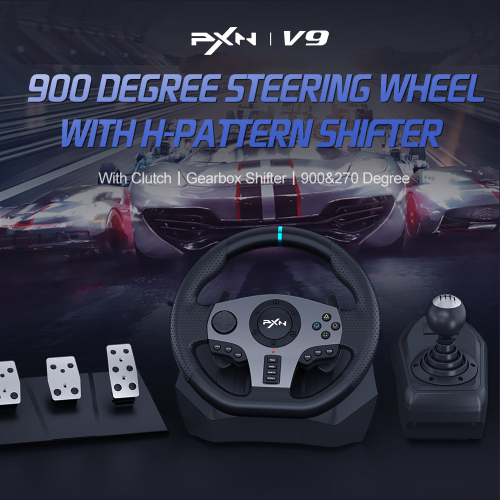 PXN V9 Driving Wheel, 900 Degree Vibration Racing Steering Wheel Set with Clutch and Shifter for PC, PS3, PS4, Xbox one/Xbox Series S&X, Switch