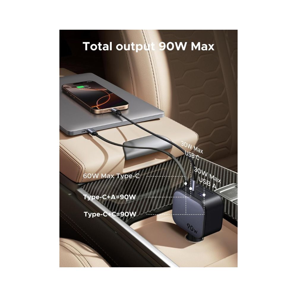 UGREEN 90W Fast Car Charger with Retractable Cable Gray