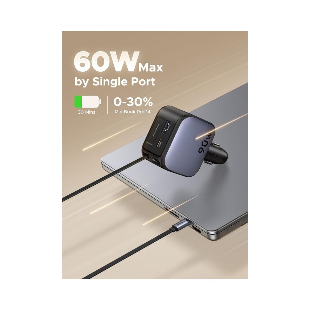 UGREEN 90W Fast Car Charger with Retractable Cable Gray