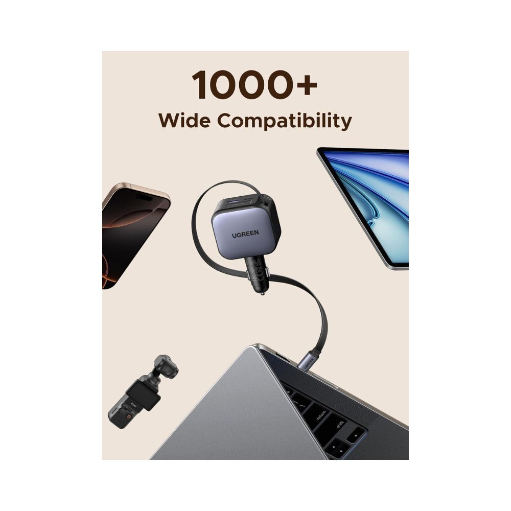 UGREEN 90W Fast Car Charger with Retractable Cable Gray