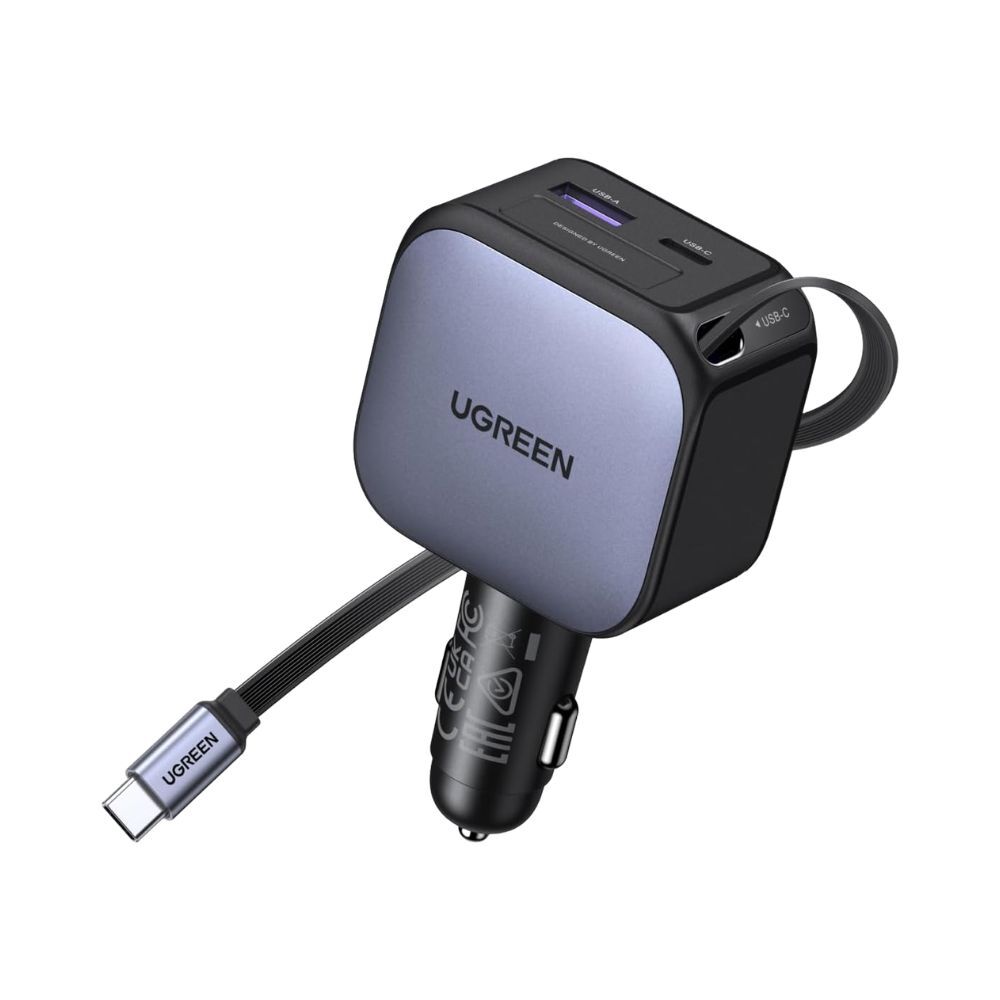 UGREEN 90W Fast Car Charger with Retractable Cable Gray